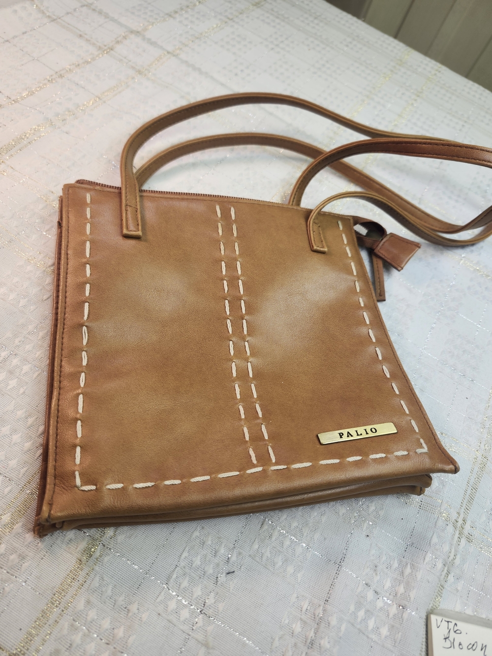 Tan Leather-Look Crossbody Bag with Contrast Stitching